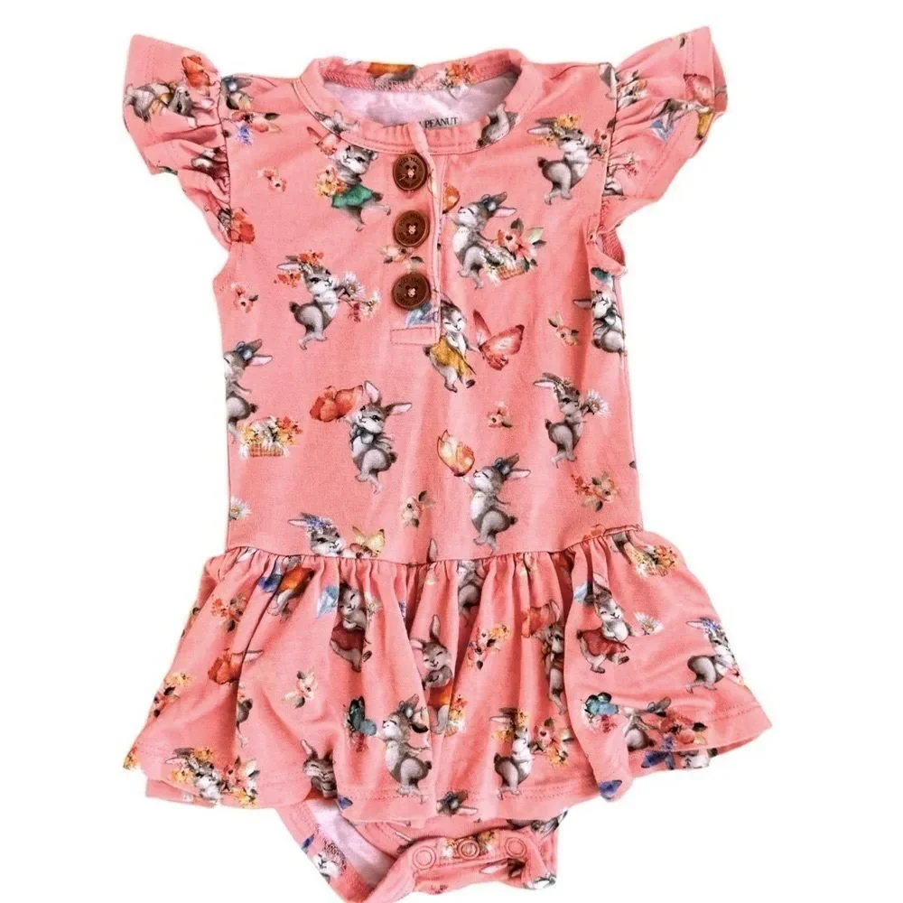 Posh Peanut Baby Girls Kids Bamboo Pink Bunny Print Onesie Bodysuit. 3-6 Months.